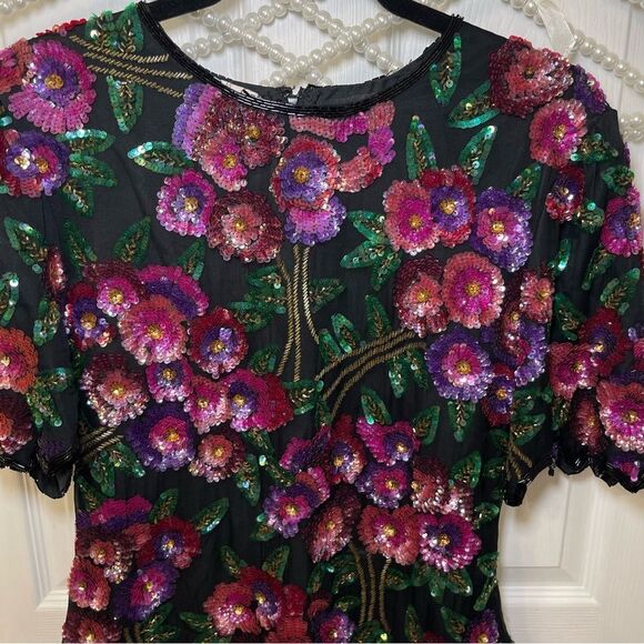 Vintage Laurence Kazar Silk Floral Beaded Sequined Top Multicolor Formal - Picture 4 of 16